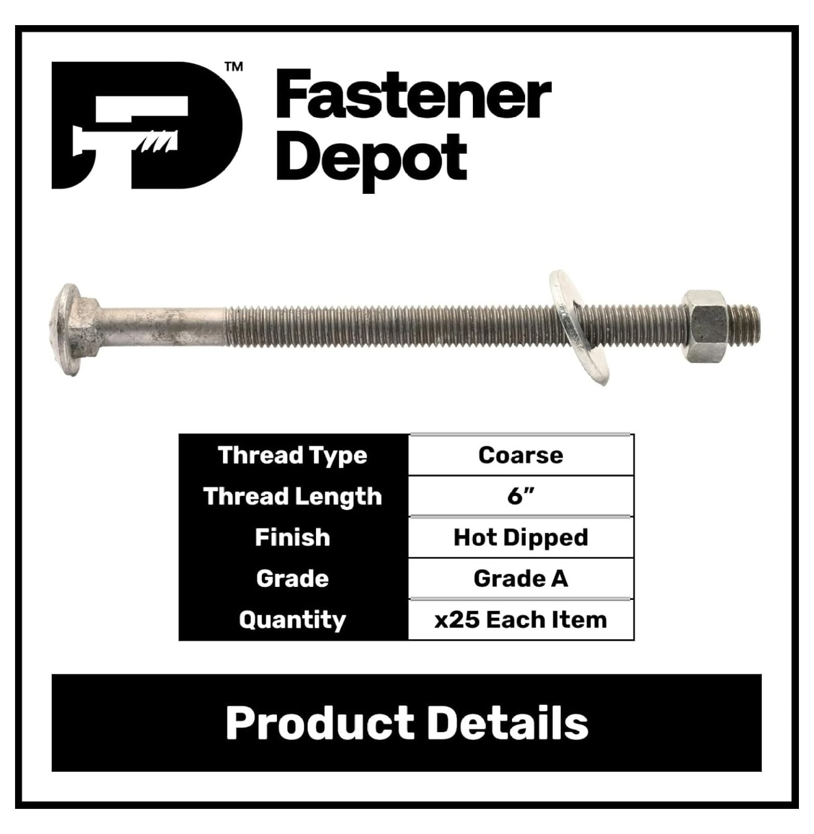 1/2inches-13 x 9inches Hot Dipped Galvanized Carriage Bolt w/Nuts & Flat Washers, Quantity 25 - by ,