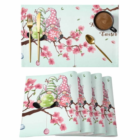 Easter Placemats Set of 8 Spring Gnomes Blossoms Flowers Colorful Eggs Placemats for Dining Table Place Mats for Kitchen Tabletop Waterproof Wipeable Dining Table Mats Set
