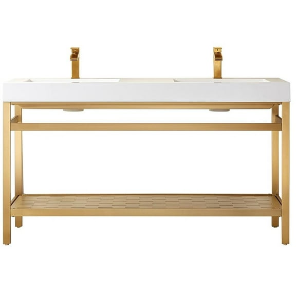 Pemberly Row 60" Double Sink Bathroom Vanity Brushed Gold Metal Frame White Top