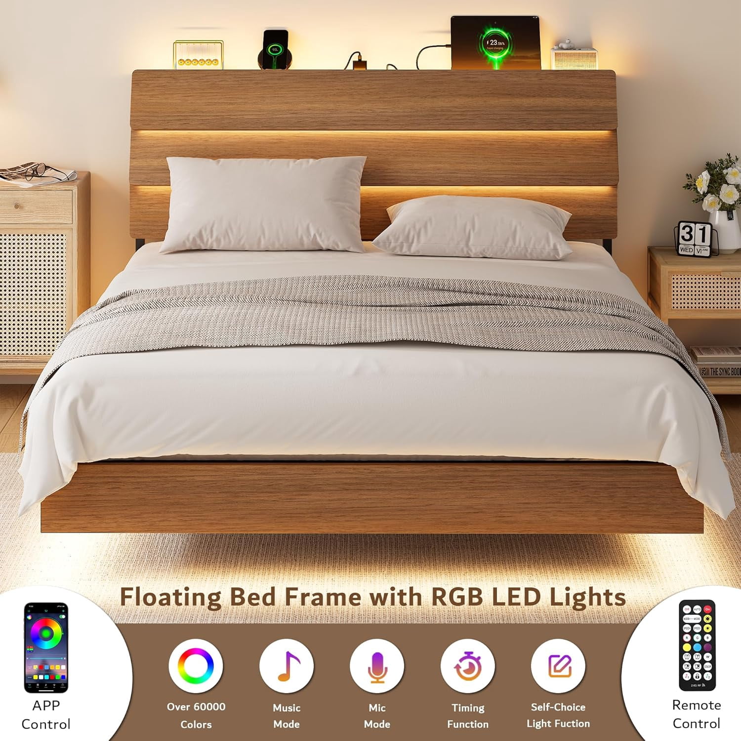 Honfach Full Floating Bed Frame with LED Lights & Charging Station, Platform Bed with Wooden Storage Headboard, Steel Slats Support, No Box Spring Needed, Easy Assembly, Noise-Free,Walnut