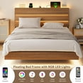 thumbnail image 3 of Galnfu Floating Full Size Bed Frame with LED Light and USB Port Charging Station, Platform Bed with Wooden Storage Headboard, Sturdy Steel Slats,Easy to Assemble, Walnut, 3 of 8