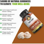 Ancient Bliss Lion's Mane Supplement - 120 Mushroom Capsules- Mental Clarity, Wellness, Energy & Focus- Memory & Immune Support Supplement.