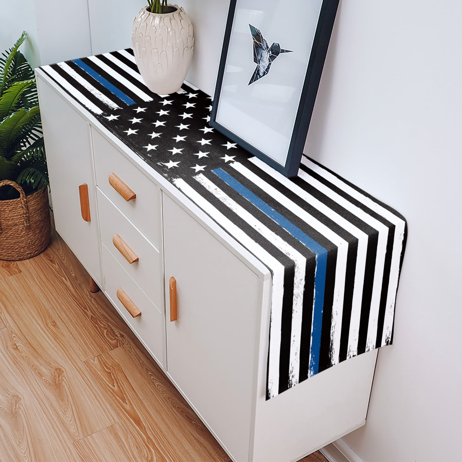 Ldtrchee Thin Blue Line American Flag Table Runner 36 Inches, Black USA Police Bed Runner Dresser Scarves Tabletop for Indoor Outdoor Parties/Ceremony/Banquet, 13"x 36"