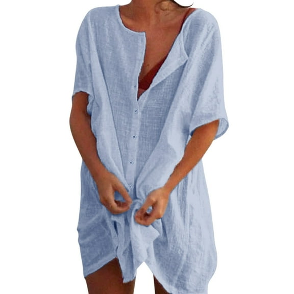 XIAONU Women Solid Shirt Short Sleeve Button Front Beach Cover Up