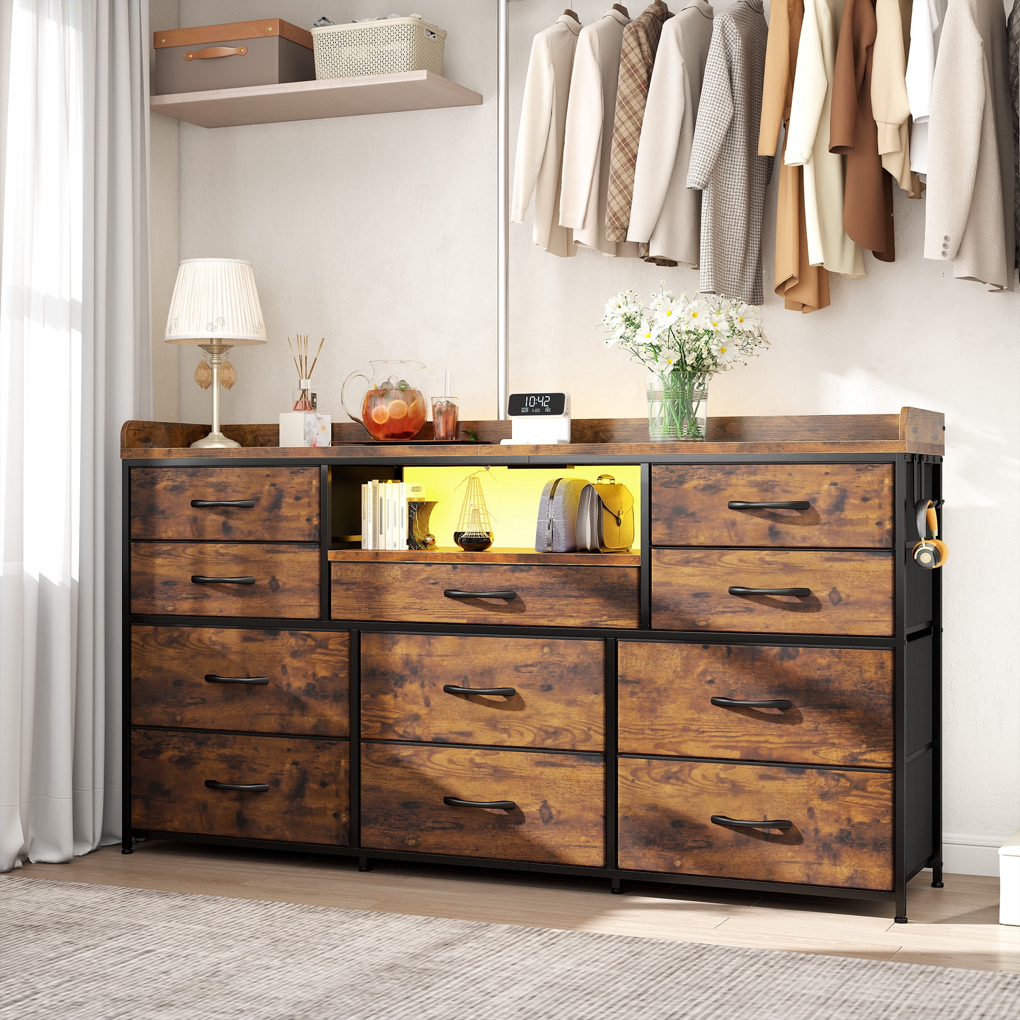 Dresser for Bedroom with 11 Drawers for 60" TV Stand with LED Lights & Charging Station Wide Dresser with Shelves & 4 Hooks Sturdy Metal Frame & Fabric & Wood Top,Rustic Brown