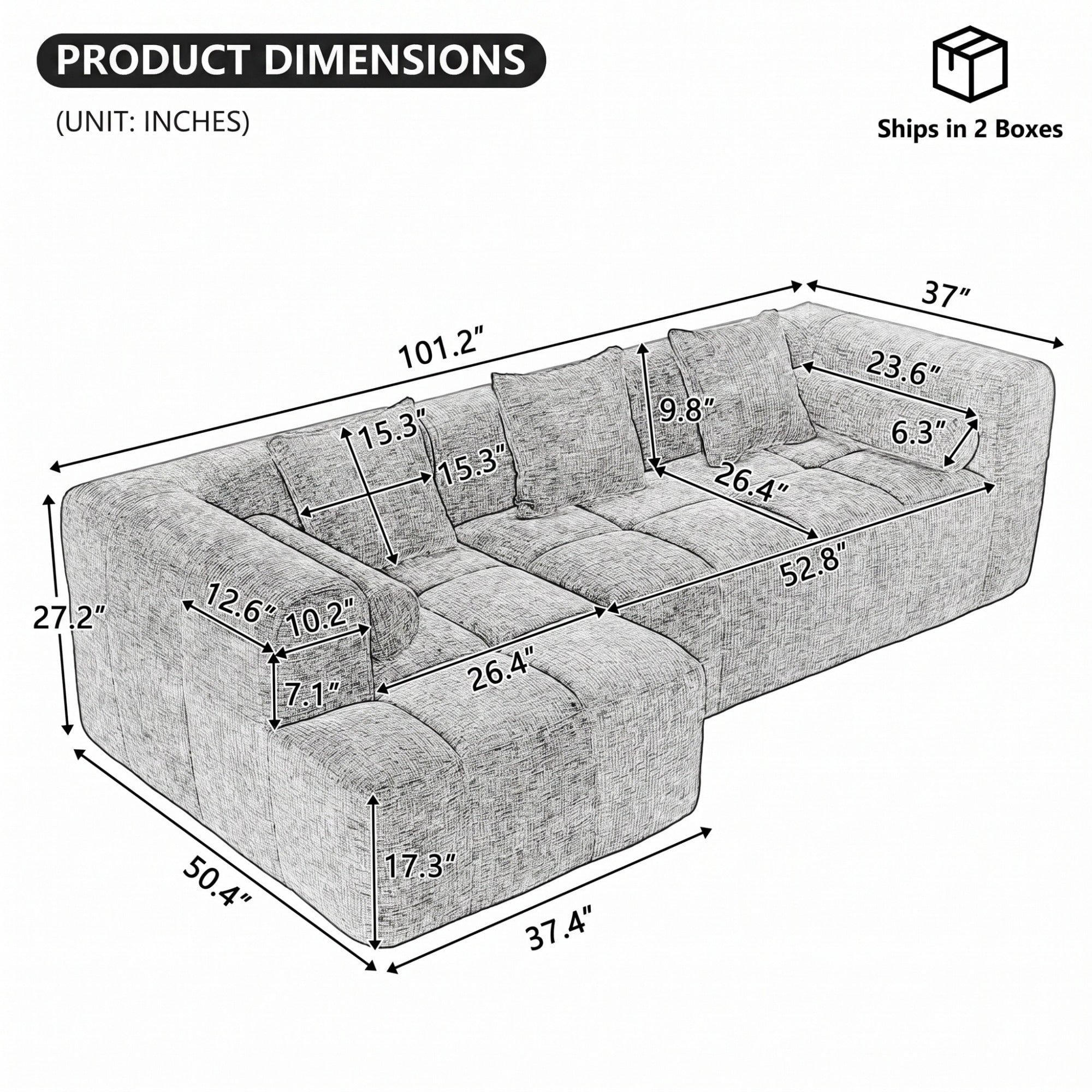 Sailvan 101.2" Modular Sectional Sofa, Deep Seating Full Foam Couch with 5 Pillows Grey