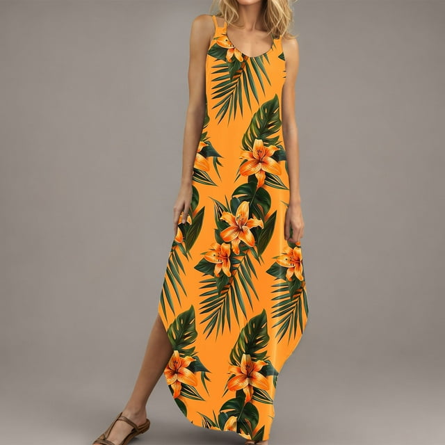 Offres d'Économies d'Été Cagogo Robe d'Été Femme Dos Nu Cami Robe de Soleil Fluide Vintage Floral Élégant Long Maxi Robe d'Église de Collation des Grades Sans Manches Col en V Décontracté Ample Cocktail Vacances Robe