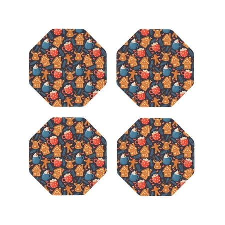 

KLL Drink Coasters Set Octagon of 4 PU Leather Absorbent Coasters Set Decorative Coffee Cup Coasters Housewarming Gift for Home Decor-Snowman house leaf