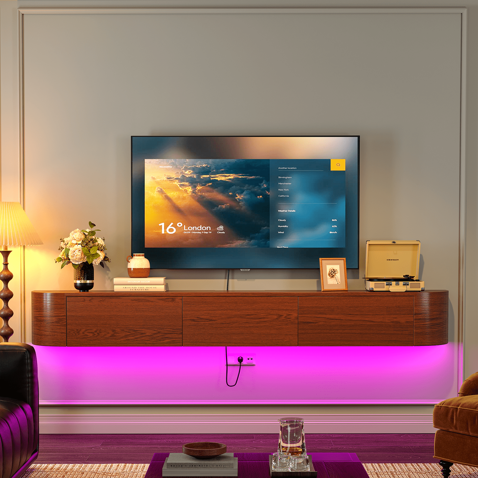 FloatiCasa 78 inch Fully Assembled Floating TV Stand Wall-Mounted Natural Wood Veneer Entertainment Center for TVs up to 78"
