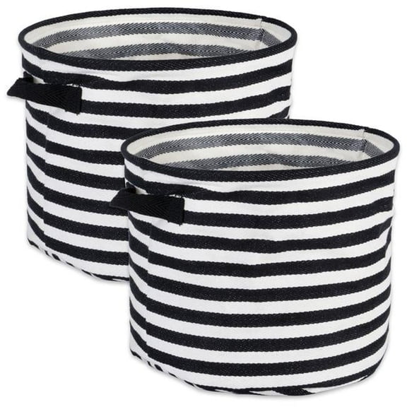 12 x 12 x 9.5 in. Pe Coated Herringbone Woven Stripe Cotton Round Laundry Storage Bin, Black Medium - Set of 2