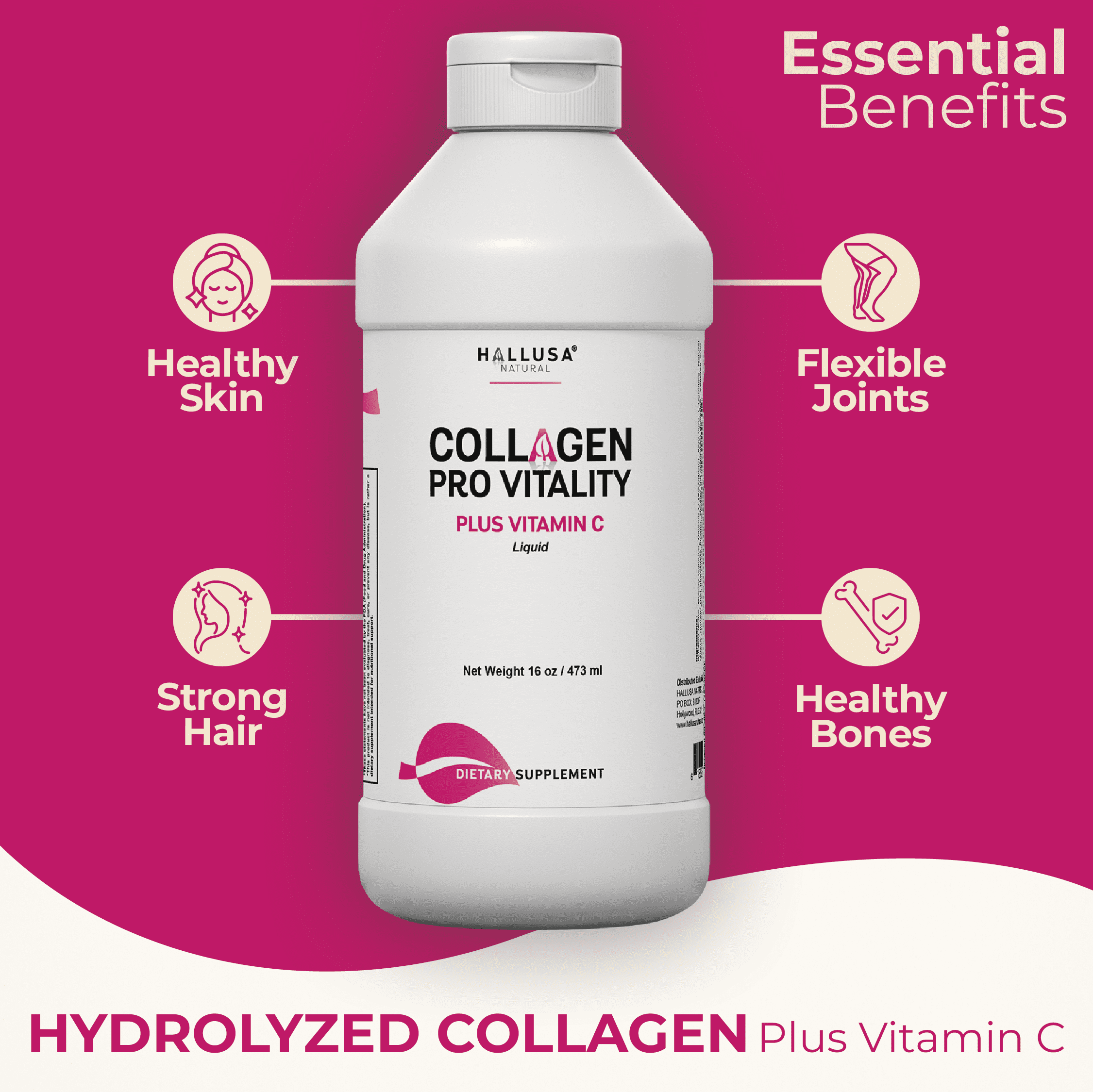 HALLUSA NATURAL Collagen Supplements with Vitamin C, Liquid Hydrolyzed Collagen 16oz for Hair, Skin, Nails, Bone & Joint Support