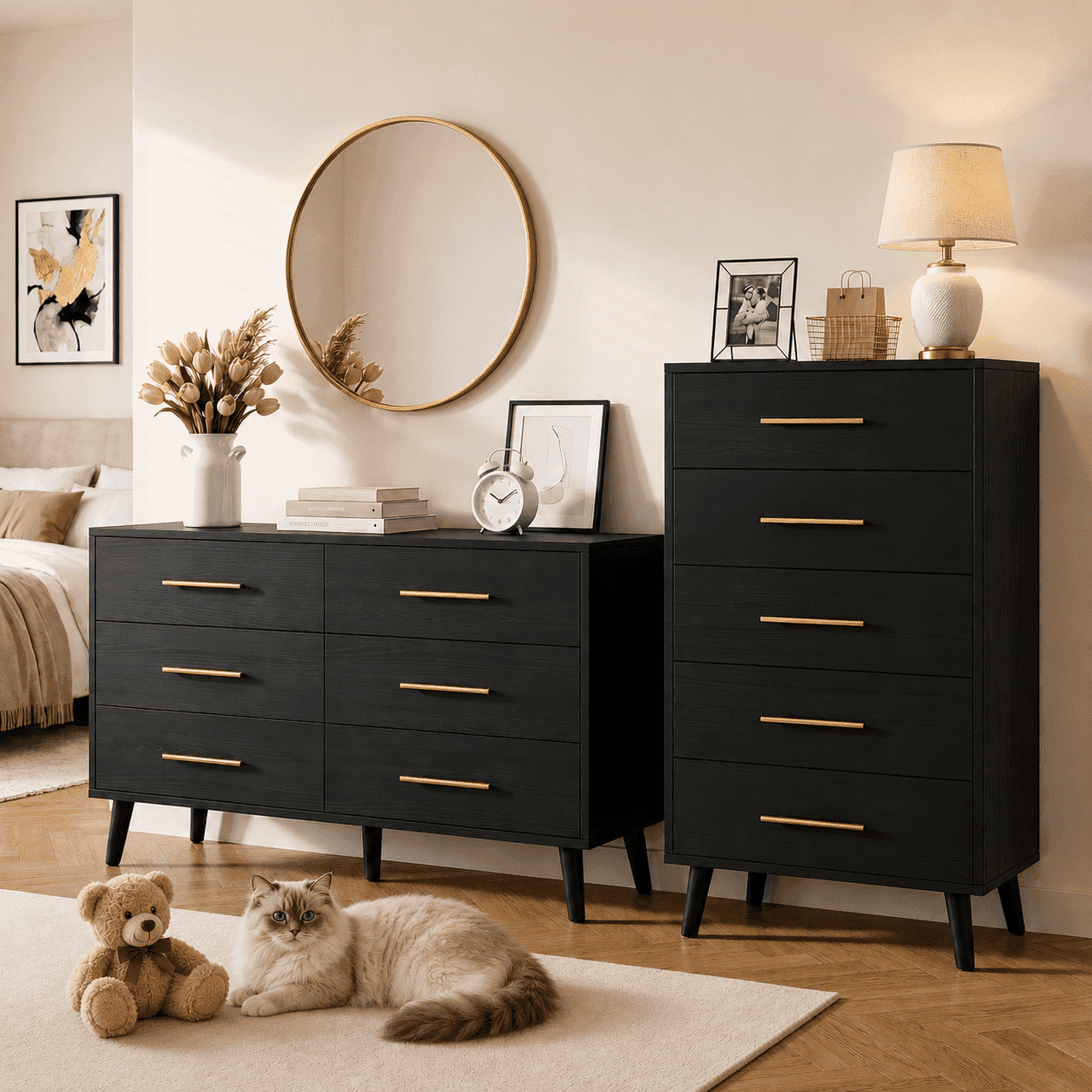 Noelse 2 Piece Bedroom Furniture Set, 6 Drawer Dresser & 5 Drawer Tall Dresser with Storage, Wood Organizer with Metal Handles, Black