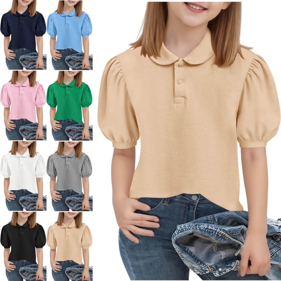 ITSAME Girls School Uniform Polo Shirt Puff Short Sleeve Loose Fit Summer Fashion Casual Pullover Top Khaki Size 14-15 Years
