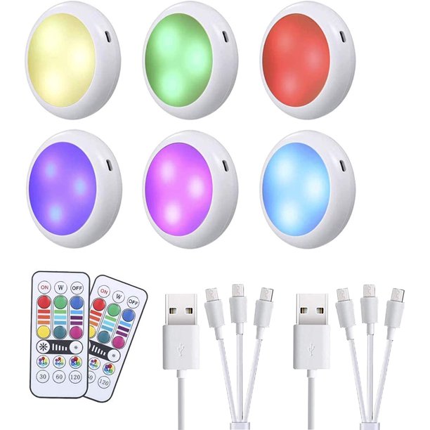 Luces LED inalámbricas debajo del gabinete - Recargable por USB - Control remoto RGB - Brillo ajustable - para cocina, estantería, vitrina, despensa. (6 uds.) (6,5x2,5 cm)