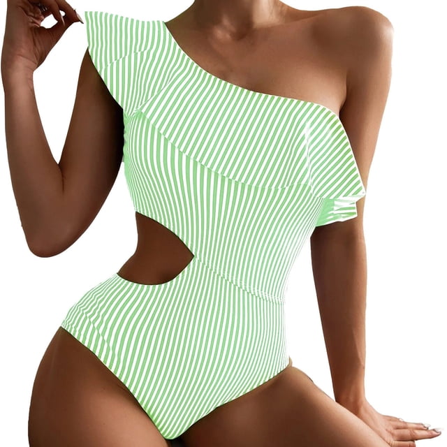 Gibobby Traje de baño de una pieza Bañador a rayas para mujer, traje de baño con estampado siamés para playa, traje de baño Sexy con volantes ajustados, (Verde,M)