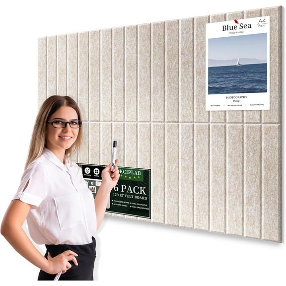 Large Cork Bulletin Board for Wall 36"x24", 6 Pack Felt Slat Wall Panel Tiles with 30 Pushpins, 25 Safe Removable Adhesive Tabs, Decorative Pin Board Tack Board for Office Home School, Beige