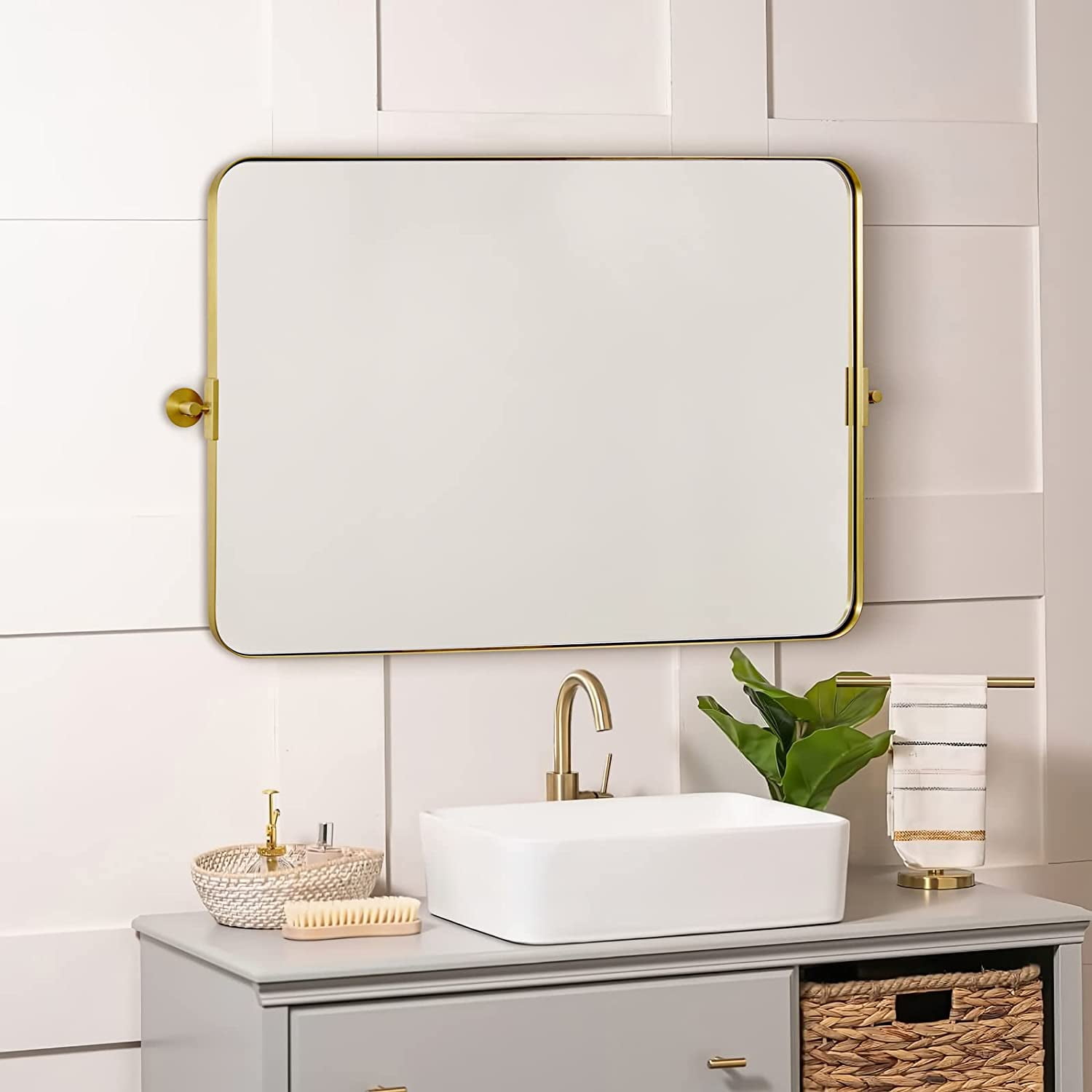 GEDUBIUBOO Brushed Nickel Metal Frame Pivot Rectangle Bathroom Mirror