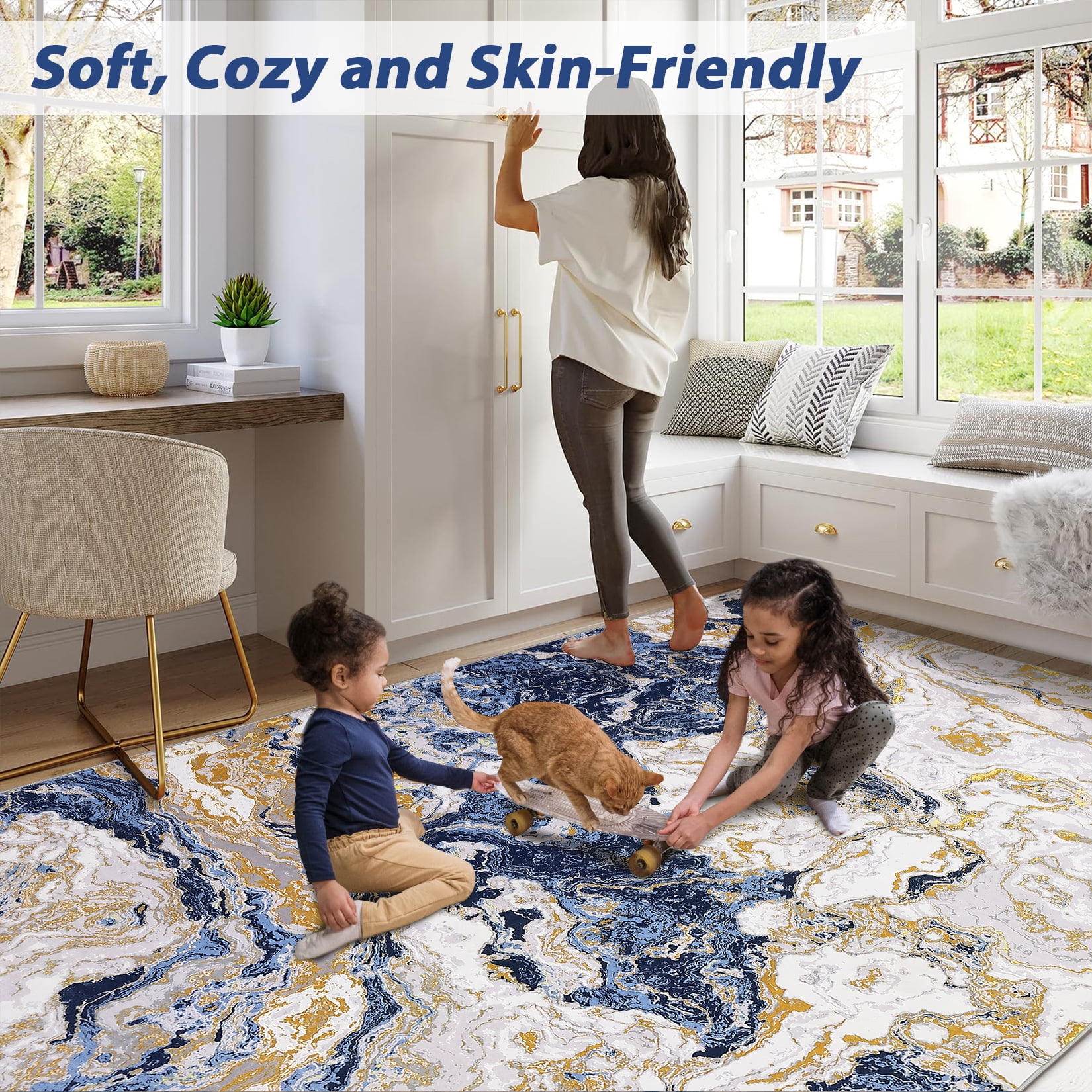 Yesfashion Carpets Area Rugs Washable Abstract Marble Rug,5'*7' Modern Boho Marble Pattern Area Rug,Rug Soft Lu*ury Rug Bedroom Kitchen Dining,Blue blue 5*7ft