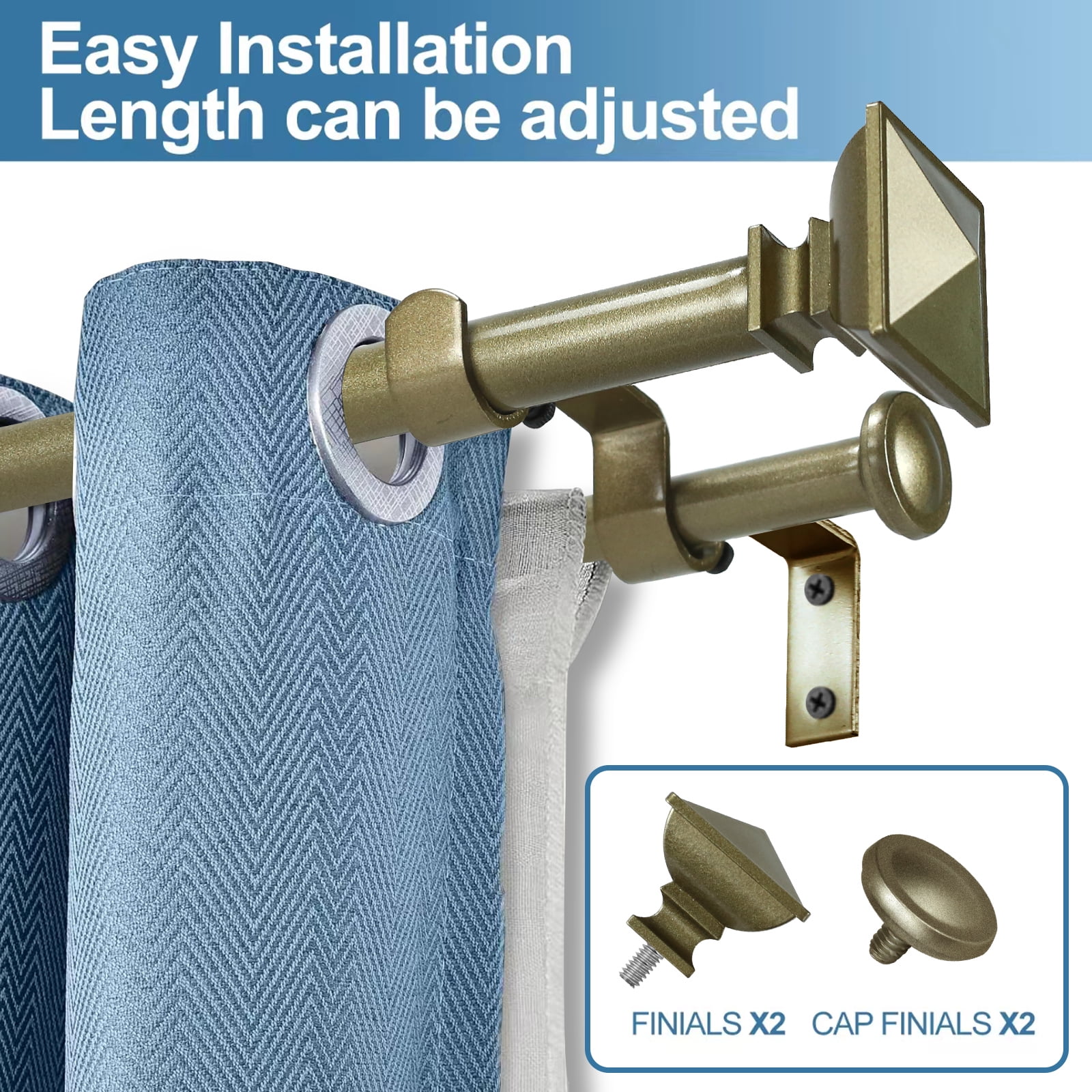 Urbanest Adjustable Double Curtain Rod Set Metal with Decorative Square Urn Finials, Heavy-Duty