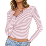 BSDJILFG Womens Striped Shirts Y2K Juniors Crop Top Long Sleeve Open Back Crewneck Fall Spring Lounge Tops 2026