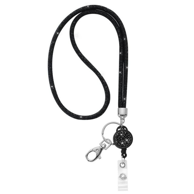 SUTENGDA ID Card Lanyard 32.9” Breakaway Safety Clasp Rhinestone Lanyards Crystal ID Card Holder (White Retractable Badge)