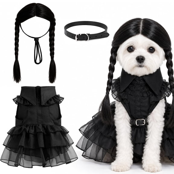 EBaokuup 3-Piece Halloween Dog Costume Set, Black Gothic Dress with Wig and Belt for Small and Medium Dogs