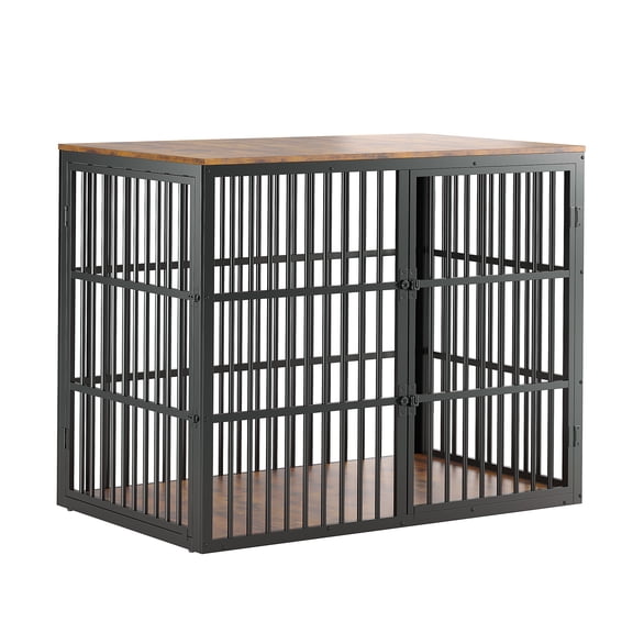 Wooden Dog Crate Furniture, XXL Metal Frame Kennel with Triple Lockable Doors