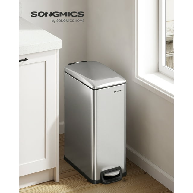 SONGMICS Bathroom Trash Can, 13-Gallon (50 L) Small Trash Bin with Lid, Slim for Small Spaces, Stainless Steel Garbage Can, Soft Close, Silver