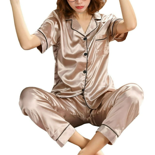 Ensemble de Pyjama en Satin d'Été pour Femmes Manches Courtes Col à Revers Hauts à Simple Boutonnage Pantalons, Champagne, 2TG