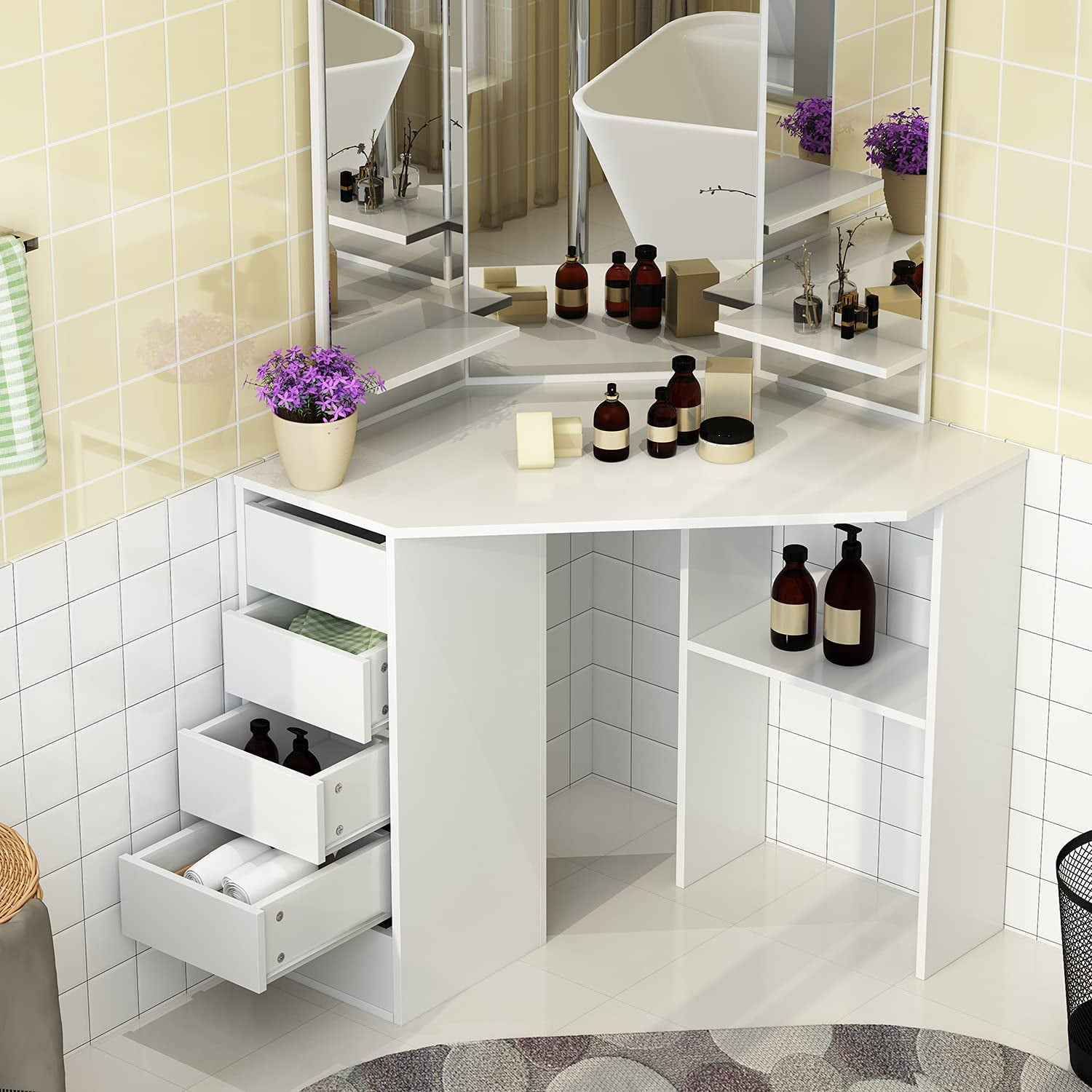 Buy Erommy White Corner Vanity Desk, Makeup Table Set, TriFold Mirror