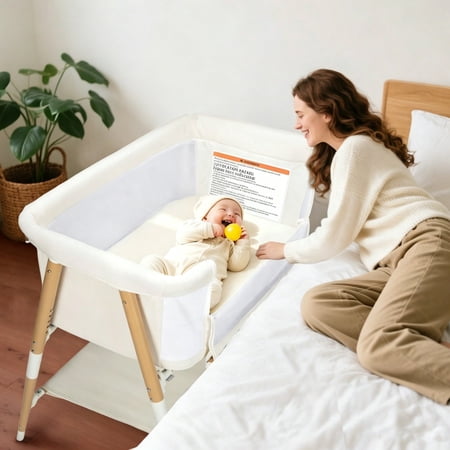 Suihuooo Baby Bassinet Bedside Sleeper Crib for Newborn Boys Girls, Height Adjustable,Wheels And Mattress, White