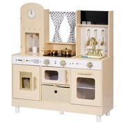 KFFKFF Wooden Play Kitchen Set for Kids, Pretend Cooking Toy with Lights & Sounds, Includes Food & Cookware, Modern Design with Ice Maker and Microwave, Suitable for Ages 3-8