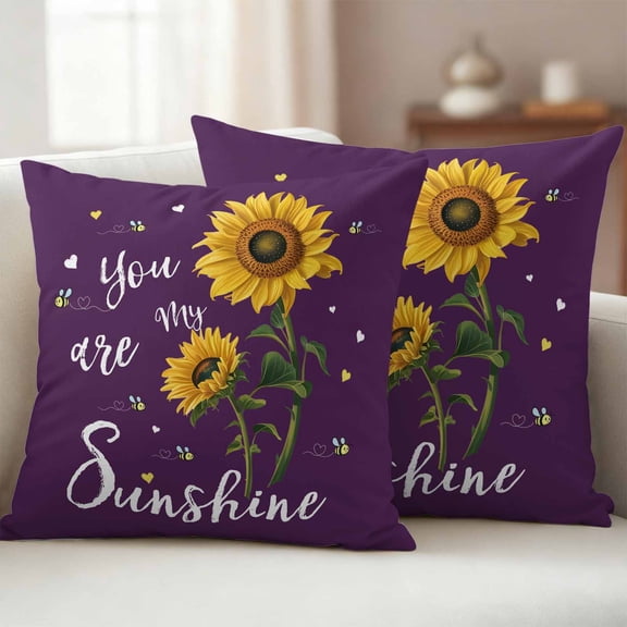 Pack of 2 Outdoor Pillow Covers,Waterproof Purple Sunshine Sunflower Throw Pillow Covers,Pastoral Bees Farmhouse Floral Decorative Pillowcases Cushion Covers Couch Pillow Sham Protector 24x24 Inch