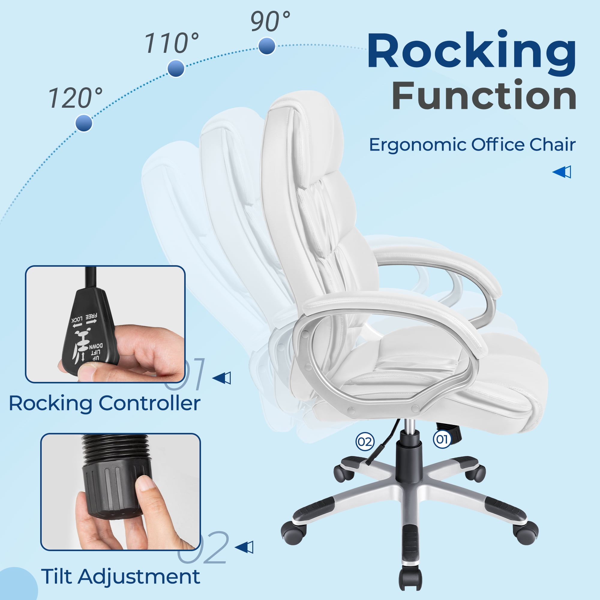 Vineego Office Chair High Back Computer Chair Ergonomic Desk Chair, PU Leather Adjustable Height Modern Executive Swivel Task Chair,White