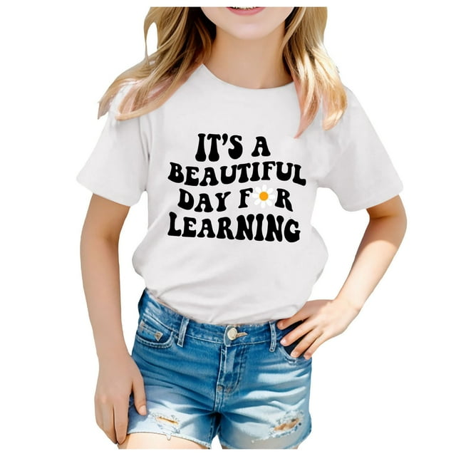 WEAIXIMIUNG Hauts pour Adolescentes pour Enfants d'École Saison de Rentrée Scolaire Imprimé Décontracté à Manches Courtes T-Shirt