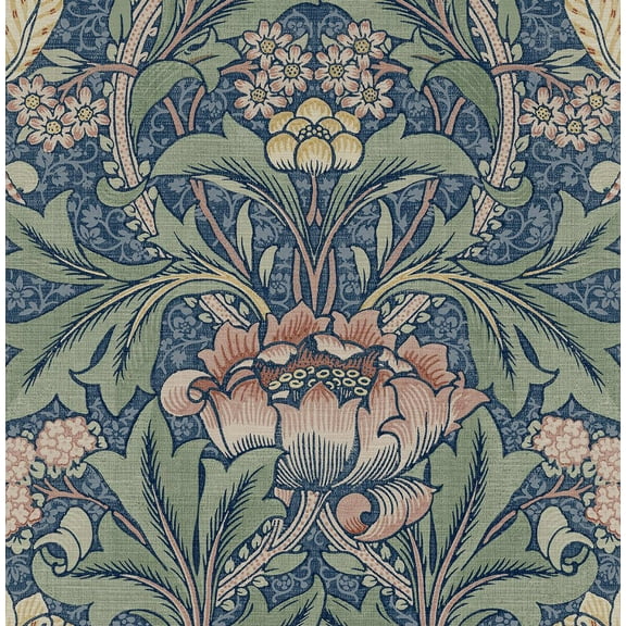 Seabrook Designs Acanthus Floral Prepasted Wallpaper 20.5 in. W x 33 ft. L - Denim Blue & Salmon