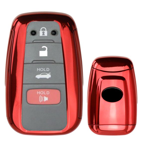 Chrome Finish Red TPU Key Fob Protective Case w/Button Cover For 2017/2018-up Toyota Camry Prius Prime Mirai C-HR, etc w/Push Start Engine Feature