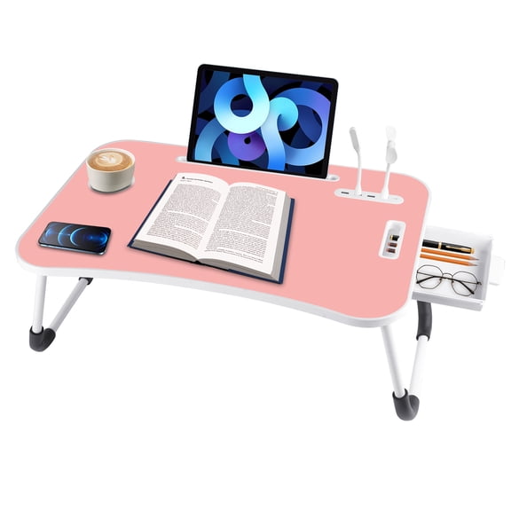 Foldable Laptop Lap Desk with 4 USB Ports and Cup Holder, Pink Bed Tray Table with Storage Drawer, Portable Notebook Stand for Couch Floor Office and Camping