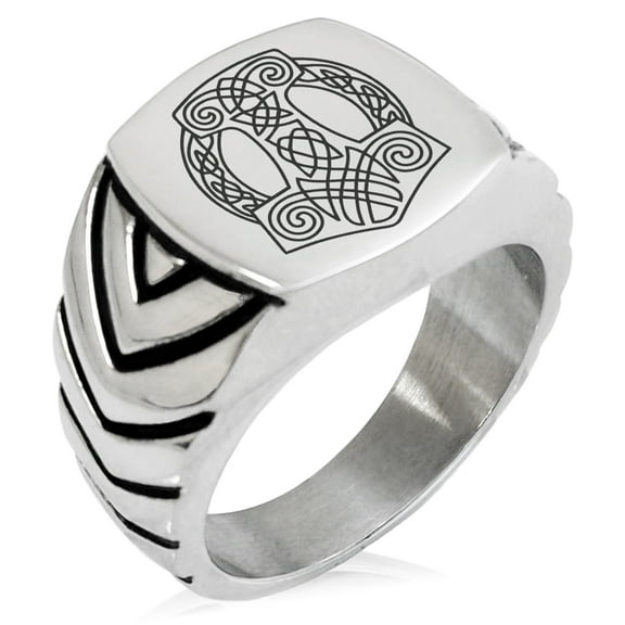 Tioneer Stainless Steel Majesty Thor's Hammer Mjolnir Viking Chevron Pattern Biker Style Polished Ring