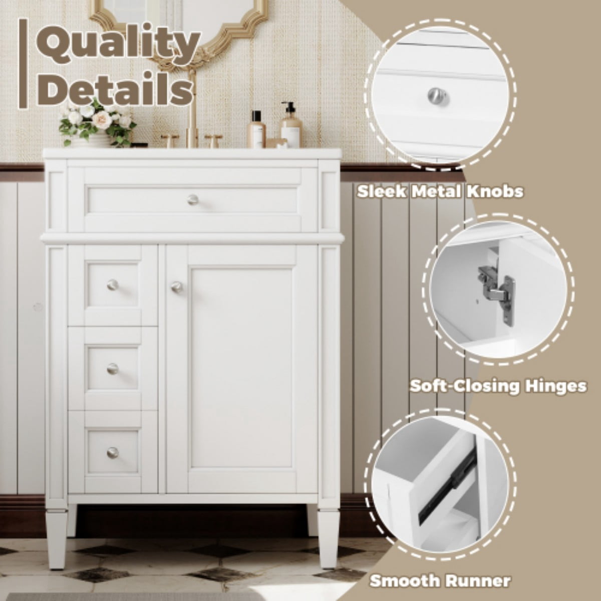 24" Bathroom Vanity with Sink, Modern Freestanding Bathroom Vanity Cabinet with Ceramic Sink, 3 Drawers & Tip-Out Drawer, Adjustable Shelf, Green Storage Cabinet, White