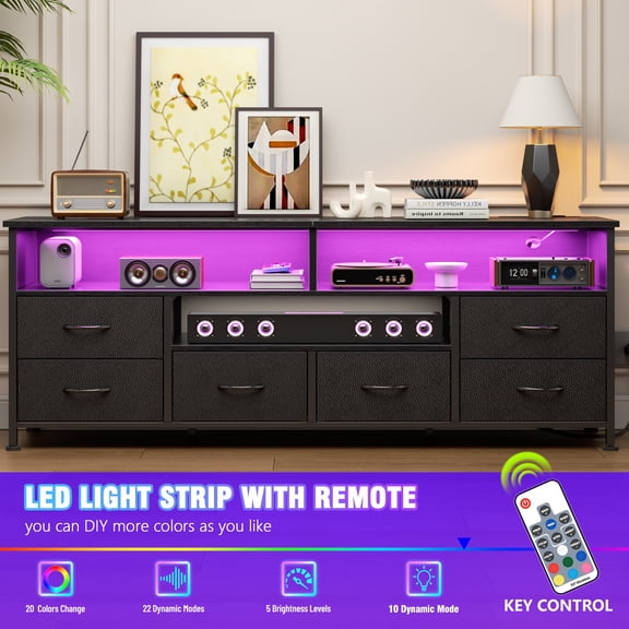 Tydimor Modern TV Stand for TVs up to 55", Media Console with 6 Drawers for Living Room, Entertainment Center with LED lights and Power Outlets, Black