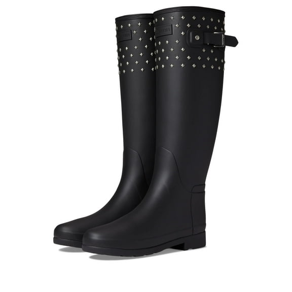 Hunter Women’s Refined Tall Stud Cuff Rain Boots, Black, Waterproof Rubber Boots, Size 7 M