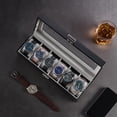 thumbnail image 4 of Estuche para Relojes, Organizador de Joyas Relojero Multifuncional Caja Joyería Cuero PU Almohadilla Suave Tapa Cristal Vidrio Almacenamiento Porta Reloj para Hombres -6 Ranuras, Negro, 4 of 7