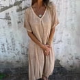 thumbnail image 6 of WTXUE Plus Size Dresses, A-Line Short Sleeve Vestidos Casuales Para Mujer V-Neck, Casual Spring And Summer Loose Skirt Cotton And Linen Dress Solid Mid-Length Women's Plus, Beige Size L, 6 of 6