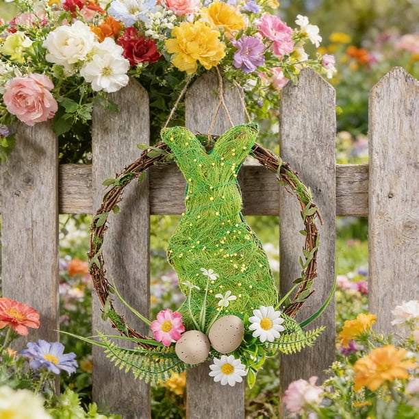 Corona de conejito de Pascua para la puerta principal, corona de conejo verde de madera de ratán de 10 pulgadas con flores artificiales, decoración primaveral para interior y exterior