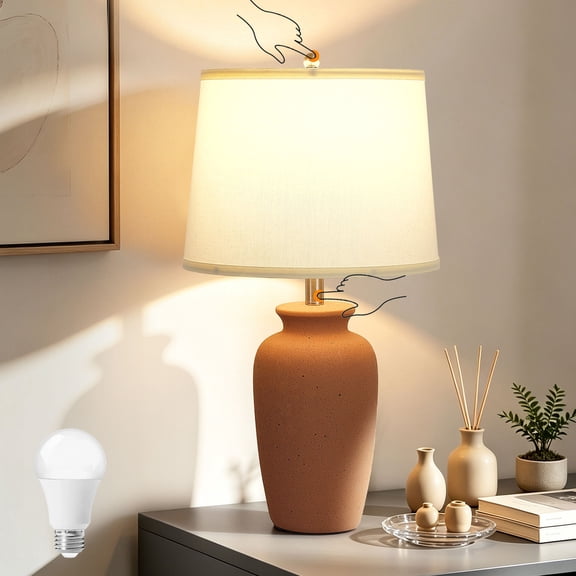 25" Modern Earthy Brown Ceramic Table Lamp, Touch Control Grey Desk Lamps for Living Room, Farmhouse Bedside Lamps for Nightstand