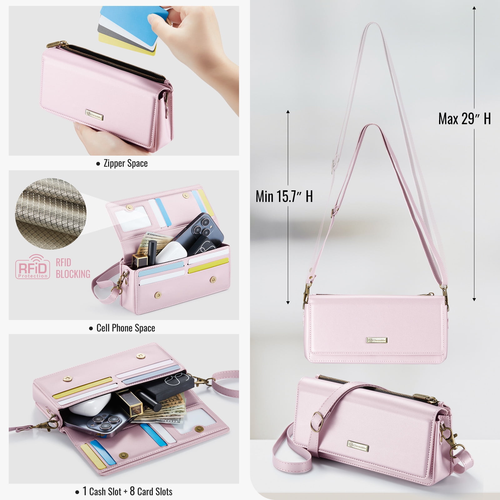 Fashion Small Crossbody Bag for Women,Cell Phone Purse Women's Shoulder Handbags Wallet Purse with RFID Blocking Credit Card Slots Zip Small Crossbody Bag Wrist strap/Shoulder strap - Pink