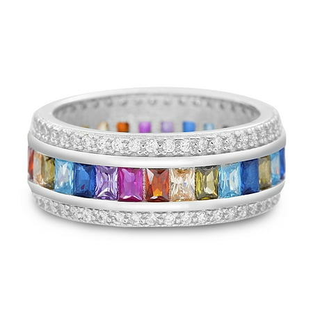 Sterling Silver Clear Baguette Lesa Michele Multicolored Cubic Zirconia Baguette and Clear Border Ring in Sterling Silver ()