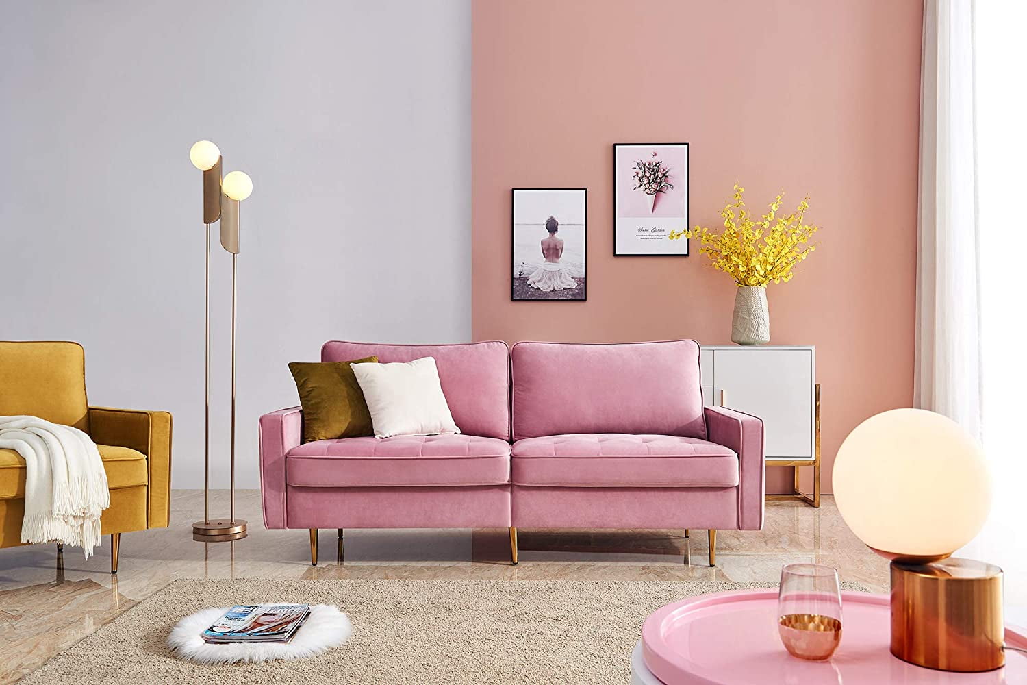 Vingtank Mid Century Sofa Velvet Fabric Upholster Couch 71” Modern Futon Bench Living Room Sofa with 2 Throw Pillows (Pink) - Walmart.com