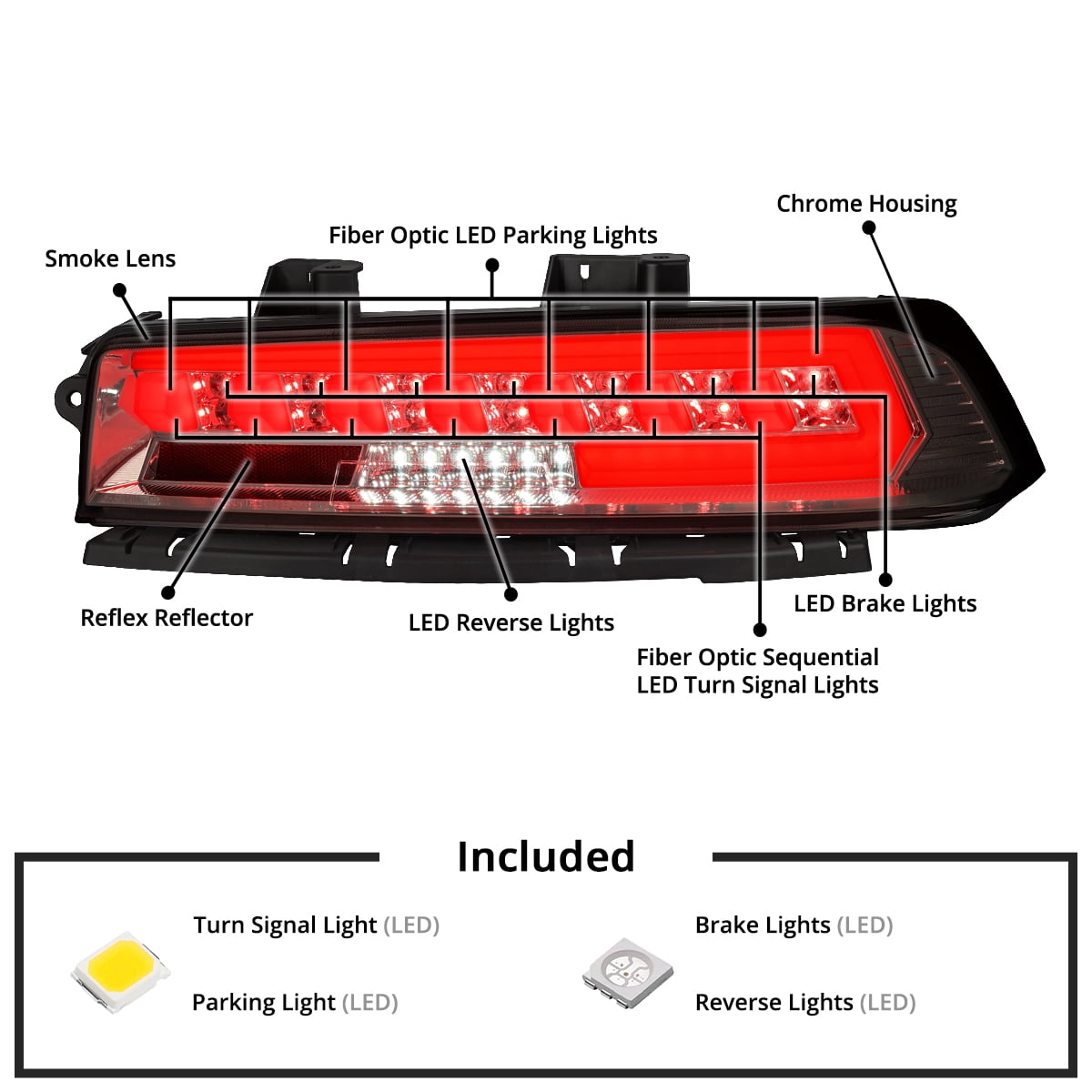 Spec-D Tuning Smoke Full LED Tail Lights w/ Sequential Turn Signals Compatible with 2014-2015 Chevy Camaro, Left + Right Pair Assembly